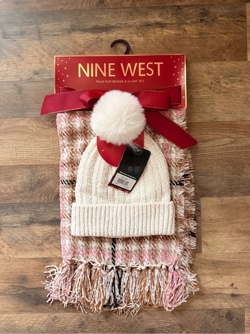 Nine West Cream Beanie with Pink Plaid Fringe Scarf Set